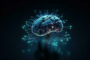 Teal Blue Digital Brain on Dark Blue Background AI Generated photo