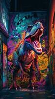 vibrante como graffiti colores de un tirano saurio Rex en contra un oscuro urbano pared ai generado foto