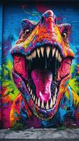 Vibrant Graffiti Artwork of a TRex Against a Dark Urban Wall AI Generated photo