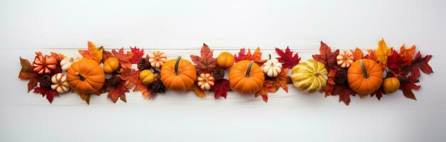 Thanksgiving Pumpkins on White Wooden Surface Covered with Fall Leaves AI Generated photo