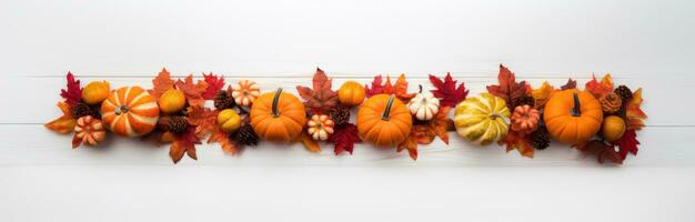 Thanksgiving Pumpkins on White Wooden Surface Covered with Fall Leaves AI Generated photo