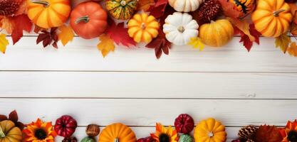 Thanksgiving Pumpkins on White Wooden Surface Covered with Fall Leaves AI Generated photo