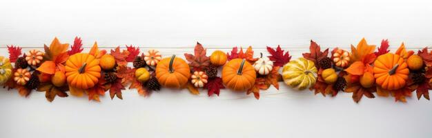 Thanksgiving Pumpkins on White Wooden Surface Covered with Fall Leaves AI Generated photo