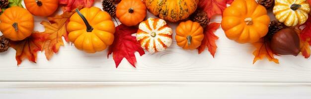 Thanksgiving Pumpkins on White Wooden Surface Covered with Fall Leaves AI Generated photo