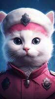 Charming White Cat Wearing a Pink Cap with Big Blue Eyes AI Generated photo
