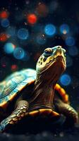 Tortuga en el estilo de bokeh en oscuro antecedentes ai generado foto