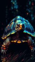 Vibrant Glitch Art Turtle on Dark Background AI Generated photo