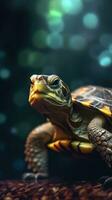 Realistic Turtle on Dark Background Generative AI photo