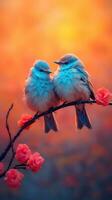 Colorful Cartoon Illustration of Two Birds Sitting on a Branch Against a Red Sky AI Generated photo