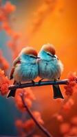 Colorful Cartoon Illustration of Two Birds Sitting on a Branch Against a Red Sky AI Generated photo