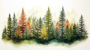 Autumn Forest Tree Watercolor Illustration with Mountain Landscape AI Generated photo