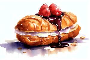 Delicious French Eclair Watercolor Painting AI Generated photo