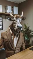 Wildebeest in a Business Suit in a SavannahThemed Office AI Generated photo
