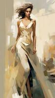 Elegant Woman in Cream Dress Motion Illustration in the Style of Noir Comic Art AI Generated photo