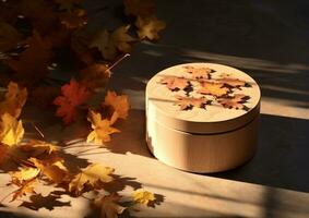 Playful Use of Light and Shadow with Wooden Box and Fall Leaves AI Generated photo