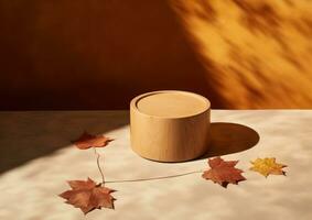 Wooden Box with Fall Leaves on Table AI Generated photo
