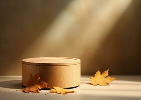 Playful Use of Light and Shadow with Wooden Box and Fall Leaves AI Generated photo