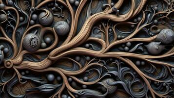 Twisted Branches Shaped into 3D Fractals of Wood Bio Sculpture for Decorative Backgrounds Generative AI photo