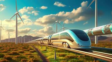 verde energía en movimiento Hyperloop tren exceso de velocidad por viento turbinas y solar granjas generativo ai foto