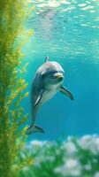 Cute Dolphin Swimming in a Bright Green Landscape Wallpaper Generative AI photo