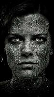 Pixelated Mosaic of a Womans Face in Dark Black and White Environment Generative AI photo