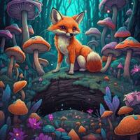 Enchanting Baby Fox Surrounded by Psychedelic Flying Mushrooms Generative AI photo