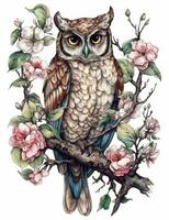 Whimsical Owl Perched on Flowering Tree Branch in Watercolor Generative AI photo