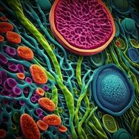 dentro un planta célula un vívido ver de cloroplastos debajo un electrón microscopio generativo ai foto