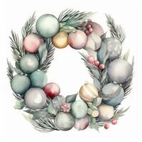 Festive Christmas Wreath with Baubles and Spruce in Watercolor Style on a Plain Gray Background Perfect for Holiday Greeting Cards and Decorations Generative AI photo