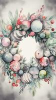 Festive Christmas Wreath with Baubles and Spruce in Watercolor Style on a Plain Background Generative AI photo