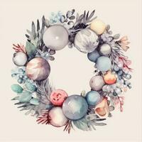 Festive Christmas Wreath with Baubles and Spruce in Watercolor Style on a Plain Gray Background Perfect for Holiday Greeting Cards and Decorations Generative AI photo