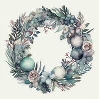 Festive Christmas Wreath with Baubles and Spruce in Watercolor Style on a Plain Gray Background Perfect for Holiday Greeting Cards and Decorations Generative AI photo