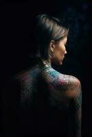 Colorful Tattoo Art Printed on a Beautiful Goddess Back Generative AI photo