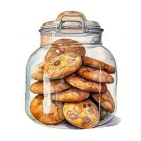 Modern Glass Jar with Golden Lid Filled with Delicious Cookies on White Watercolor Background Generative AI photo