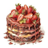 Decadent Chocolate Cake with Fresh Strawberries Watercolor Illustration Generative AI photo