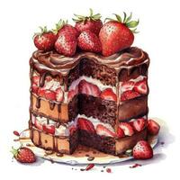 Decadent Chocolate Cake with Fresh Strawberries Watercolor Illustration Generative AI photo