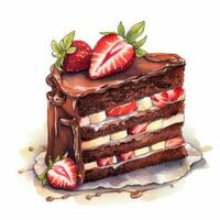 Indulge in Decadence Watercolor Illustration of Freshly Decorated Chocolate Cake Slice Generative AI photo
