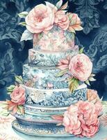 Exquisite Watercolor Illustration of a Classic Wedding Cake with Intricate Detailing Generative AI photo