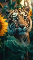 Exploring the Lost Ancient Rural with a Beautiful Shimmering Cosmic Tiger Cub in Extreme Closeup Generative AI photo