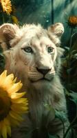 Exploring the Mysteries of a Shimmering White Lion Cub in Rural Landscape Generative AI photo