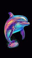 delfín en holográfico color estilo nadando en el Oceano generativo ai foto