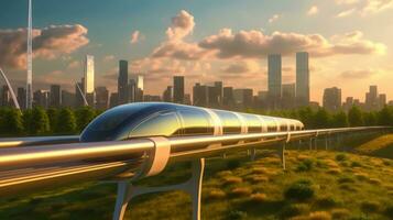 Futuristic Hyperloop Train with Integrated Solar Collectors and Wind Turbine in Modern City Background photo
