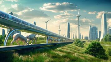 Futuristic Hyperloop Train with Integrated Solar Collectors and Wind Turbine in Modern City Background photo