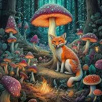 Magical Baby Fox in a Clearing Surrounded by Tall Flying Mushrooms photo
