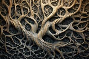 orgánico esculpir moderno árbol en madera material con enredado formas en negro generativo ai foto