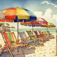 Vibrant Beach Scene with Colorful Umbrellas and Chairs Perfect for Summer Getaways Generative AI photo