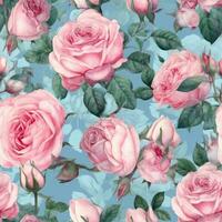 Scattered Pink Roses on Light Blue Background A Delicate Watercolor Painting Generative AI photo