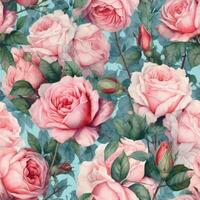 Scattered Pink Roses on Light Blue Background A Delicate Watercolor Painting Generative AI photo