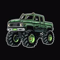 Green Monster Truck Sticker Graphic with White Border Outline and Black Background Generative AI photo