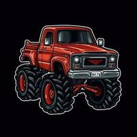 Red Monster Truck Sticker Graphic with White Border Outline on Black Background photo